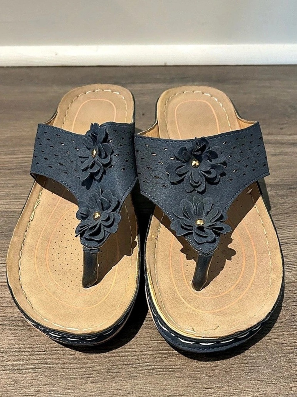 Floral Wedge Sandals in Navy & Brown Like New
